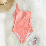 Solid Pink One-Shoulder One-Piece with Belt Swimsuit - fairybeach