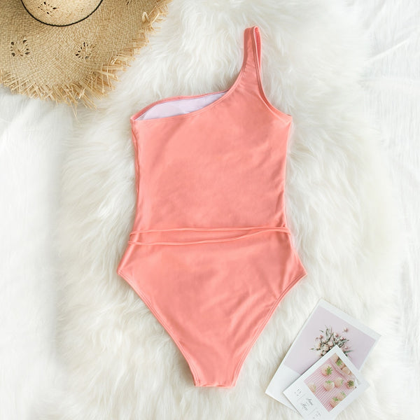 Solid Pink One-Shoulder One-Piece with Belt Swimsuit - fairybeach