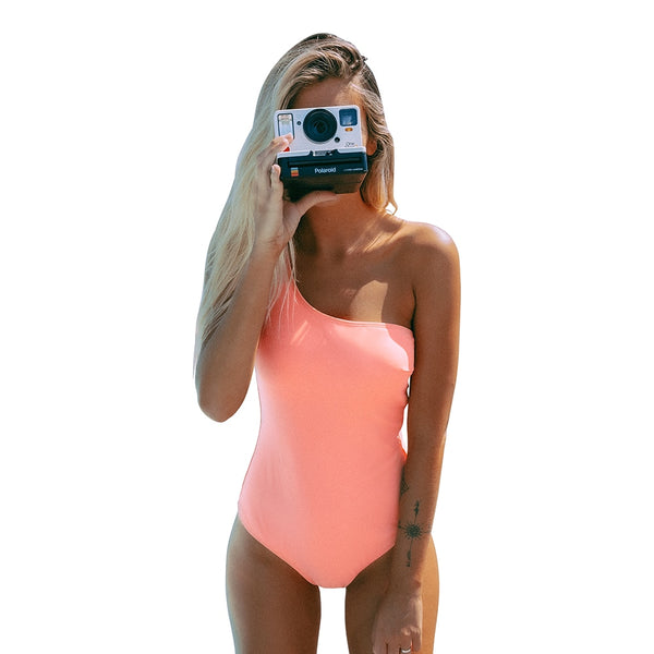 Solid Pink One-Shoulder One-Piece with Belt Swimsuit - fairybeach