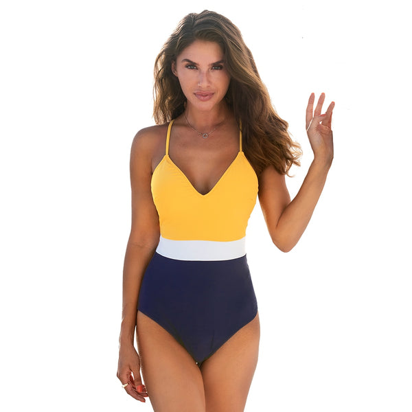 Colorblock V-Neck One-Piece Swimsuit - fairybeach