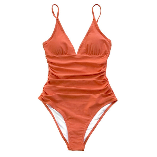 Solid Orange Shirring V-neck One-Piece Swimsuit - fairybeach