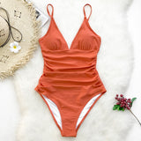 Solid Orange Shirring V-neck One-Piece Swimsuit - fairybeach