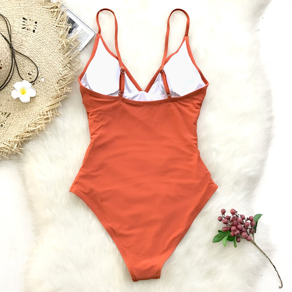 Solid Orange Shirring V-neck One-Piece Swimsuit - fairybeach