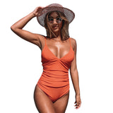 Solid Orange Shirring V-neck One-Piece Swimsuit - fairybeach