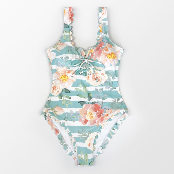 Floral and Striped One Piece Swimsuit - fairybeach