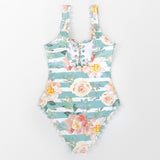 Floral and Striped One Piece Swimsuit - fairybeach