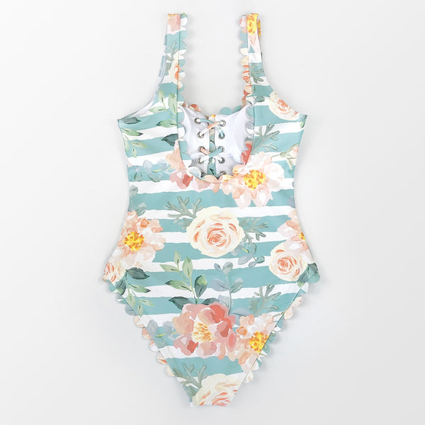 Floral and Striped One Piece Swimsuit - fairybeach