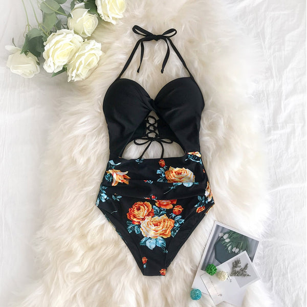 Black Floral Print Halter One-Piece Swimsuit - fairybeach