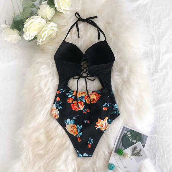 Black Floral Print Halter One-Piece Swimsuit - fairybeach