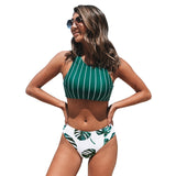 Teal Stripe and Leaves Print Bikini - fairybeach