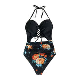 Black Floral Print Halter One-Piece Swimsuit - fairybeach